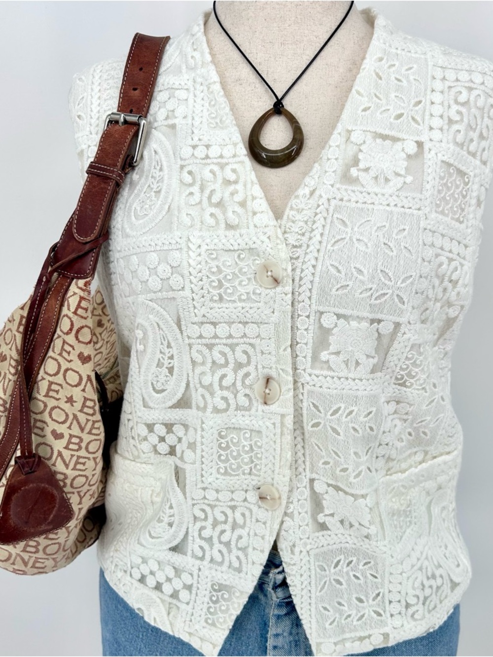 Y2K White Embroidered Button Vest Boho Lace Patchwork Top